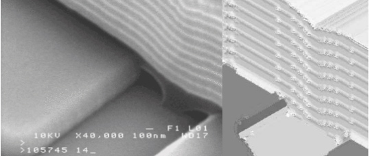 (left) SEM image and (right) SEMulator3D image of process steps in the Dalsa MEMS process.