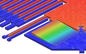 Close-up of MEMS accelerometer 3D simulation with a hex-dominant mesh generated with new CoventorWare 2012 software.