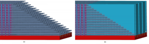 (a) First iteration of the TCAT model after sacrificial SiN removal results in unsupported oxide beams. (b) Second iteration of the model now has top dielectric to hold the oxide layers together during SiN removal.