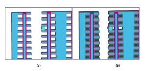 (a) A particle is placed after silicon nitride removal using wet etching. (b) The metal gate deposition is blocked in the region of particle, creating an electrical break in the wordline.