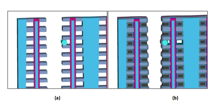 (a) A particle is placed after silicon nitride removal using wet etching. (b) The metal gate deposition is blocked in the region of particle, creating an electrical break in the wordline.