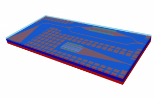 Example test photonic IC, with common elements such as waveguides, grating coupler, MZI, photodetector and fill pattern.