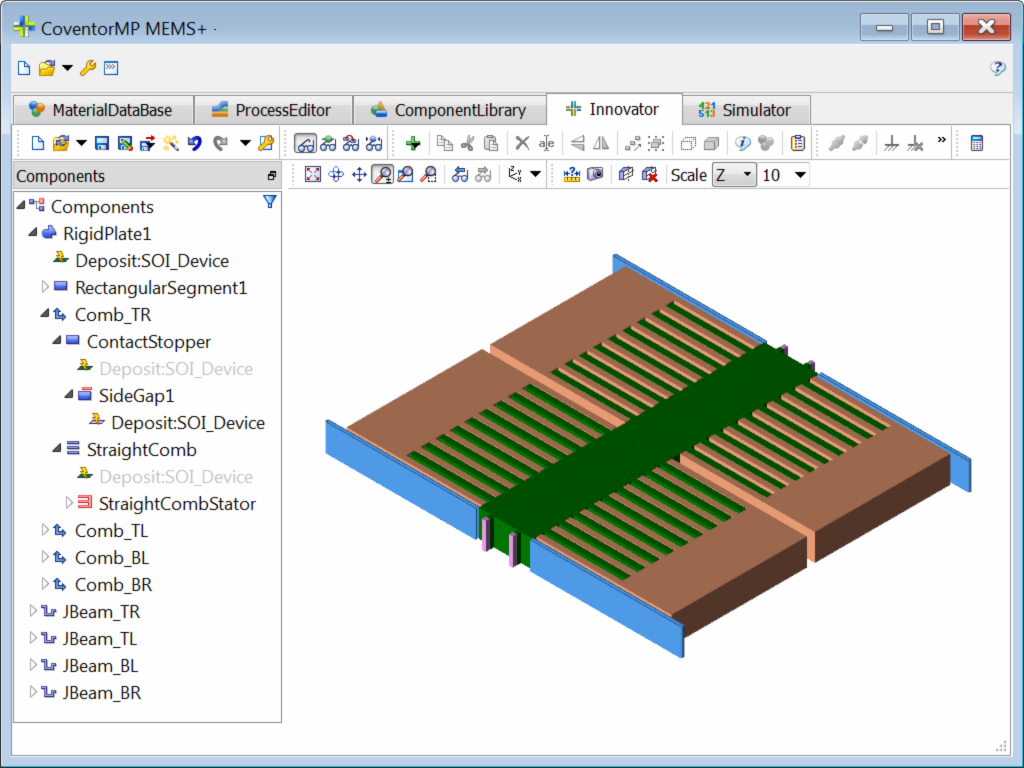 MEMS+ Accelerometer model showing colored highlighted inertial mass, sense and control combs, suspensions and contact bumpers.