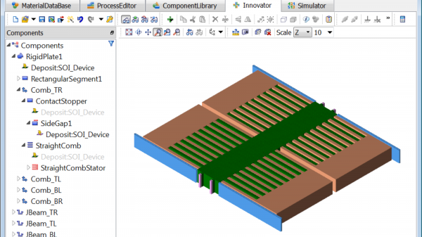 MEMS+ Accelerometer model showing colored highlighted inertial mass, sense and control combs, suspensions and contact bumpers.