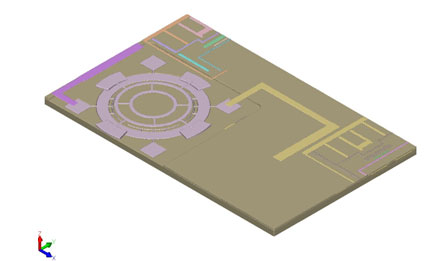 SEMulator3D model of a similar resonator showing the structure and nearby metal layers on the die. This view shows each electrical net highlighted in a different color.