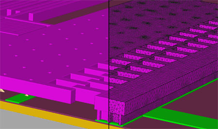 MEMS accelerometer, showing both model (left) and mesh (right) generated by SEMulator3D.