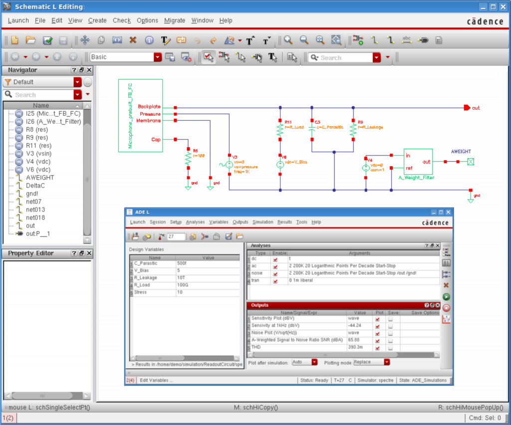 Condenser microphone model in Cadence Virtuoso biased under constant charge. Parasitic capacitance and leakage resistance loads the output. An A-weighting filter is included in order to compute the A-weighted SNR. The inset image shows Spectre simulated results, post processed to computed Sensitivity, SNR and THD