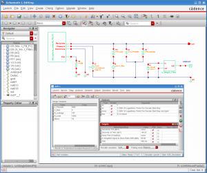 Condenser microphone model in Cadence Virtuoso biased under constant charge. Parasitic capacitance and leakage resistance loads the output. An A-weighting filter is included in order to compute the A-weighted SNR. The inset image shows Spectre simulated results, post processed to computed Sensitivity, SNR and THD
