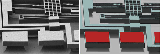 SEM image (left) and SEMulator3D model (right) of a MEMS accelerometer. Courtesy X-FAB Semiconductor Foundries, AG.
