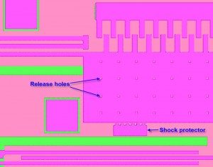 Modeled view of shock protector and release holes on the proof mass