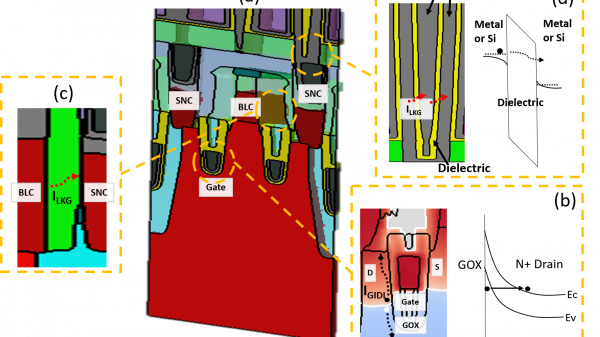 Fig. 1 (a) DRAM Memory Cell, (b) GIDL in Cell Transistor, (c) Dielectric leakage between BLC and SNC, (d) Dielectric leakage at DRAM Capacitor