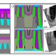 Fig. 4. Model calibration based on TEM cross sections for (a) fin self-aligned double patterning, (b) source/drain epitaxial growth and contacts, and (c) gate-to-source/drains spacers.