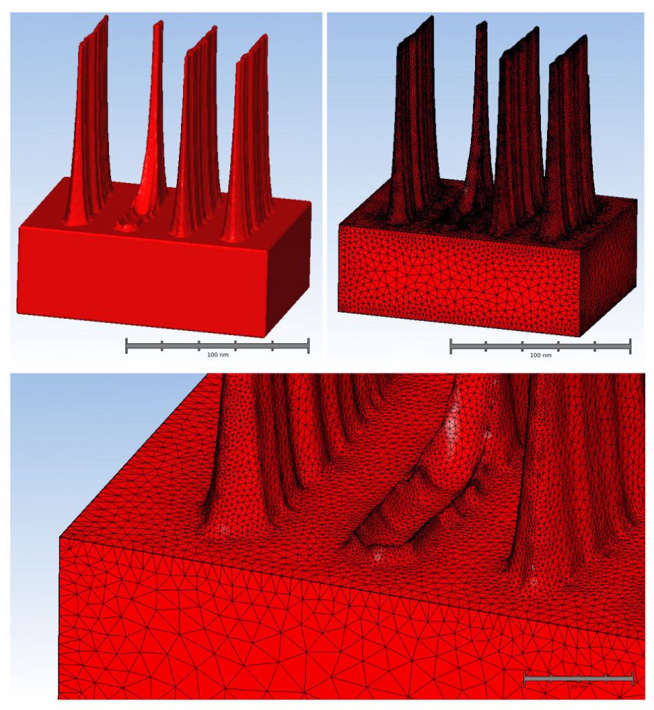Figure 1. Fin model built with SEMulator3D (top left), visualized SEMulator3D-generated mesh (top right), and close-up of the same mesh (bottom).