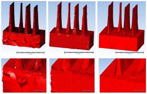 Figure 2. SEMulator3D meshes generated for the model shown in Fig. 1. Left: Delaunay; Center: standard; Right: simple. Cross sections are shown for the Delaunay and standard meshes but the full model is shown for the simple mesh because the volume mesh is not accessible and thus no cross-section view is possible.