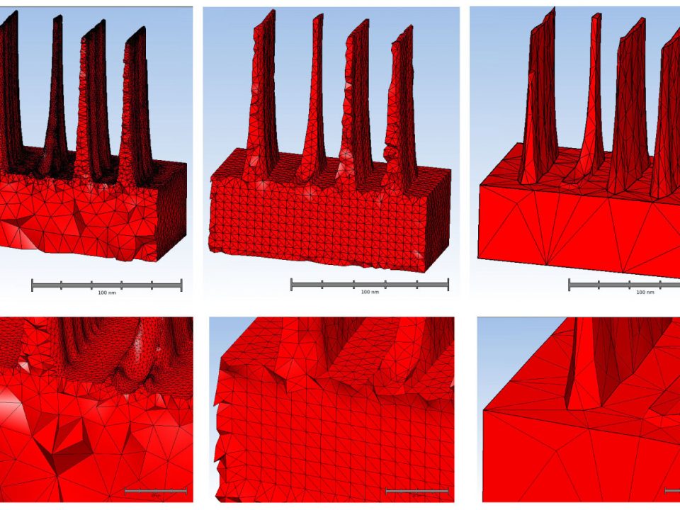 Figure 2. SEMulator3D meshes generated for the model shown in Fig. 1. Left: Delaunay; Center: standard; Right: simple. Cross sections are shown for the Delaunay and standard meshes but the full model is shown for the simple mesh because the volume mesh is not accessible and thus no cross-section view is possible.