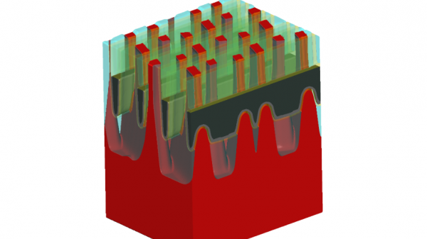 Figure 2.Cutaway of buried wordline spanning saddle-fin transistors.