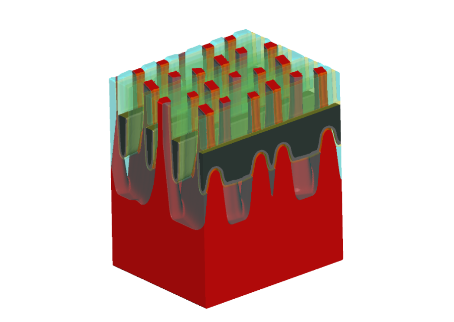 Figure 2.Cutaway of buried wordline spanning saddle-fin transistors.