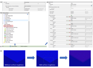 Figure 2: Four SEMulator3D software images and three 3D models are shown in this figure. Figures 2(a)-(d) display images taken from SEMulator3D with line edge roughness modeling options within the software (left, top right and center). (a) In order to achieve surface roughness, an etch step with “Custom Loading Map” option can be used (upper left). (b-d) A custom Python step creates a .csv file that contains the etch depth at each point on the surface (center left and upper right figures) . Figure 2(e) displays three 3D models of surface roughness generated by the SEMulator3D software. The resulting surface roughness is shown in a 3D model of surface roughness for various roughness settings . Results for different values of the parameters are shown in Figure 3.