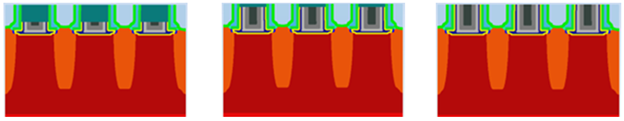 Figure 5:  W Etch Back Depths (from left to right) of 60nm, 50nm 35nm. Images are taken after SAC Nitride Cap CMP step.
