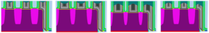 Figure 6 (left to right): Different profiles using pattern dependence for the antenna and sharp head shapes. a) Antenna shape with POR flow (b) Antenna profile with a gate CD of 26nm (c) Sharp head profile with a gate CD of 28nm (d) Sharp head profile with an etch.
