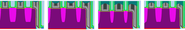 Figure 6 (left to right): Different profiles using pattern dependence for the antenna and sharp head shapes. a) Antenna shape with POR flow (b) Antenna profile with a gate CD of 26nm (c) Sharp head profile with a gate CD of 28nm (d) Sharp head profile with an etch.